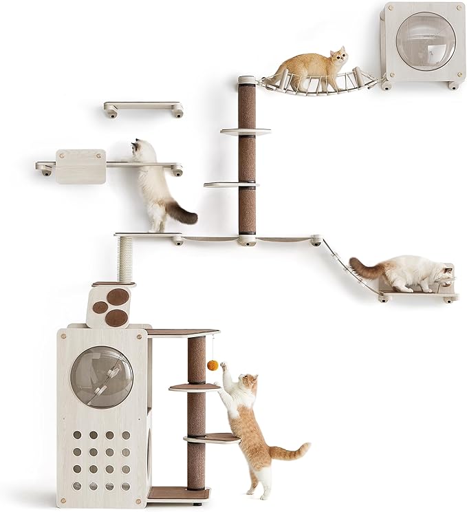 Feandrea Clickat Planet - Cat Wall Furniture, Set of 10, Cat Tree, Scratching Post, Shelves, Hammock, Bridge, Feeder, Extremely Quick Assembly, Unlimited Expandability, Replaceable Module and Parts