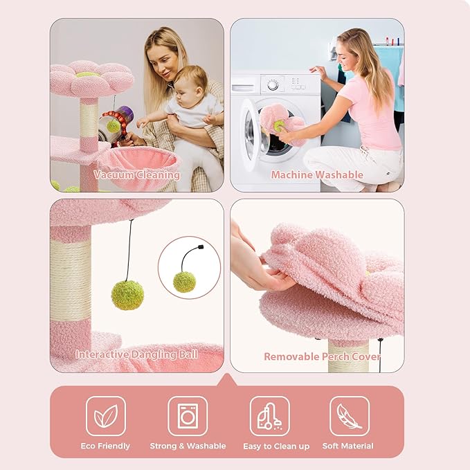 PETEPELA Flower Cat Tree for Indoor Cats, 32'' Small Cat Tower Cat Condo with Sisal Scratching Ramp, Cozy Hammock and Removable Flower Bed Perch for Kittens, Pink