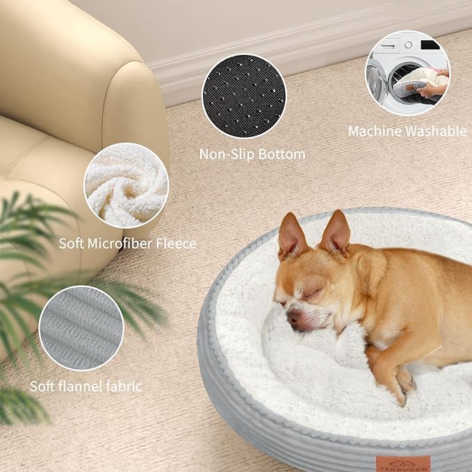 30in Round Cat Dog Bed for Large Medium Small Dogs Cats, Machine Washable Sleeping Sofa, Non-Slip Bottom Breathable Soft Calming Pet Cuddler for Indoor/Outdoor/Car/Cage, Light Grey
