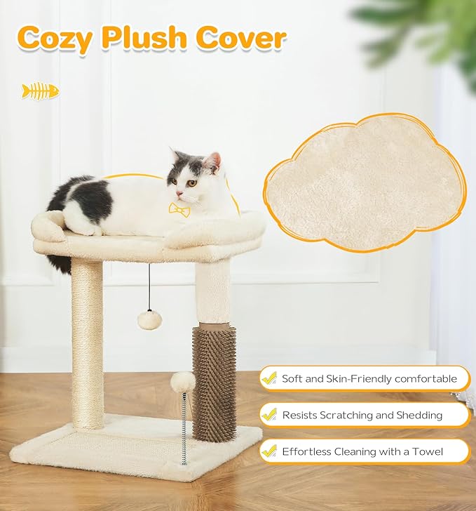 Made4Pets Small Cat Tree Tower, Cat Scratching Post 4-in-1 with Cat Self Groomer Brush, 20" Tall Natural Sisal Cat Scratcher, Soft Plush Cat Perch Bed with Dangling Ball for Indoor Kittens, Beige