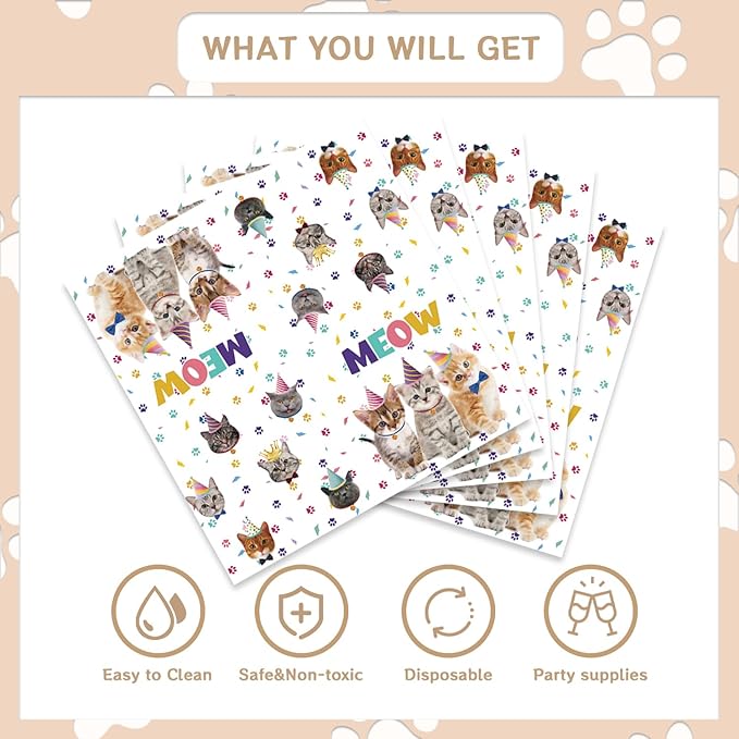 48Pcs Cat Birthday Party Decorations Include Meow Theme Paper Plates and Napkins Forks Supplies Cat Happy Birthday Cake Plates Set Sign Party Decorations for Girls Baby Shower Favors