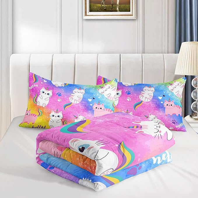 Axolotl Cat Bedding Queen Cartoon Cat Comforter Set,Rainbow Printed Kids Bedding Set for Girls Kids Adults Teens,Kids Comforter Set All Season,1 Quilt 2 Pillow Cases,Colorful Pink Blue