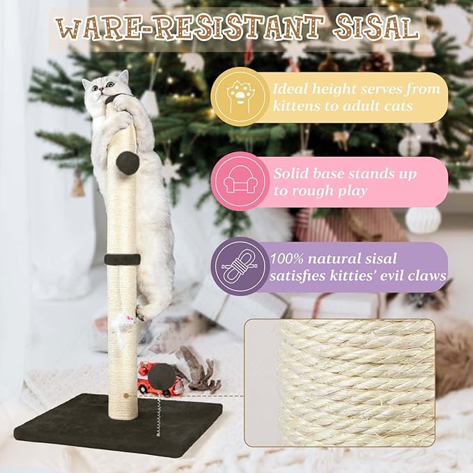 ANWA 32" Tall Cat Scratching Posts for Indoor Cats, 3-in-1 Cat Scratching Post with Plush Toys, Premium Sisal Post for Cats at All Ages with Reinforced Stable Base, Brown