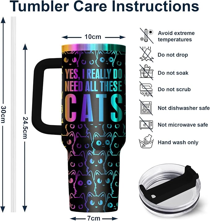 34HD Laser Engrave Black Cat Tumbler with Handle & Straw, 40oz Yes I Do Really Need All These Cats Cup, Cat Lover Gifts for Women Birthday Mother Day Father Day Christmas
