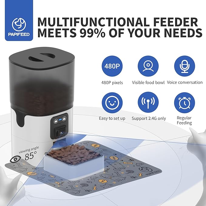 Automatic Cat Feeder with Camera, ‌Adjustable Angle 2.4G WiFi/App Pet Food Dispenser, 6L Timed Dispenser with Two-Way Audio, Auto Pet Feeder with Mat for Cat & Dog, 1-10 Meals Per Day