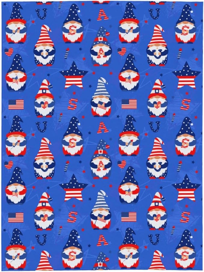 American Gnome Patriotic Blanket Throw 60"x50", Plush Flannel 4th of July Memorial Day Blanket, Soft Warm Decorative for Kids Women