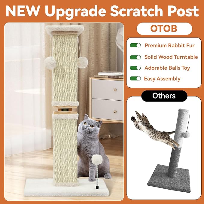 OTOB Cat Scratching Post 33 Inch, Nature Sisal Scratching Posts for Indoor Cats Adults Kitten, 6-in-1 Interactive Turntable Cat Scratch Post Protect Your Furniture, Large Cat Scratcher, Beige