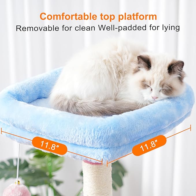 Heybly Cat Tree with Toy, Cat Tower condo for Indoor Cats, Cat House with Padded Plush Perch, Cozy Hammock and Sisal Scratching Posts, Blue and Pink HCT004SBP