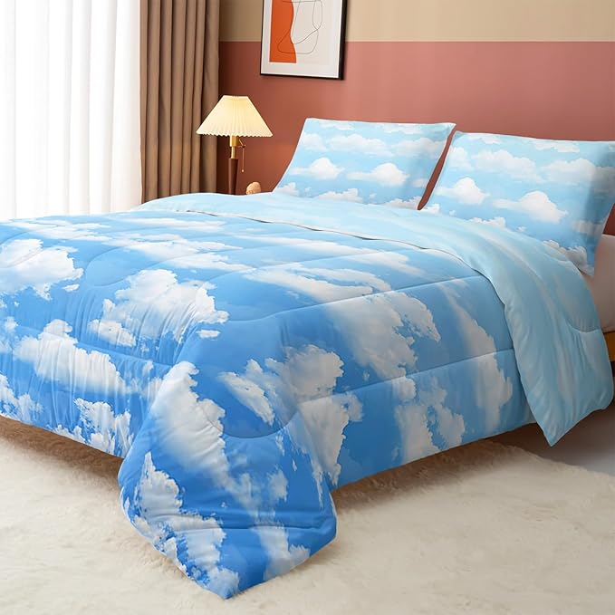 Axolotl Blue Cloud Comforter Set Twin - Sky Blue Bedding Set with Clouds Design - 1 Quilt, 2 Pillowcases