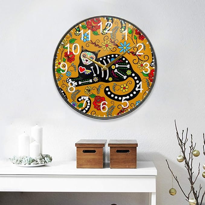 ALAZA Calavera Sugar Skull Black Cats Mexican Day of The Dead Wall Clock Battery Operated Silent Non Ticking Clocks for Living Room Decor 12 Inch / 9.5 Inch
