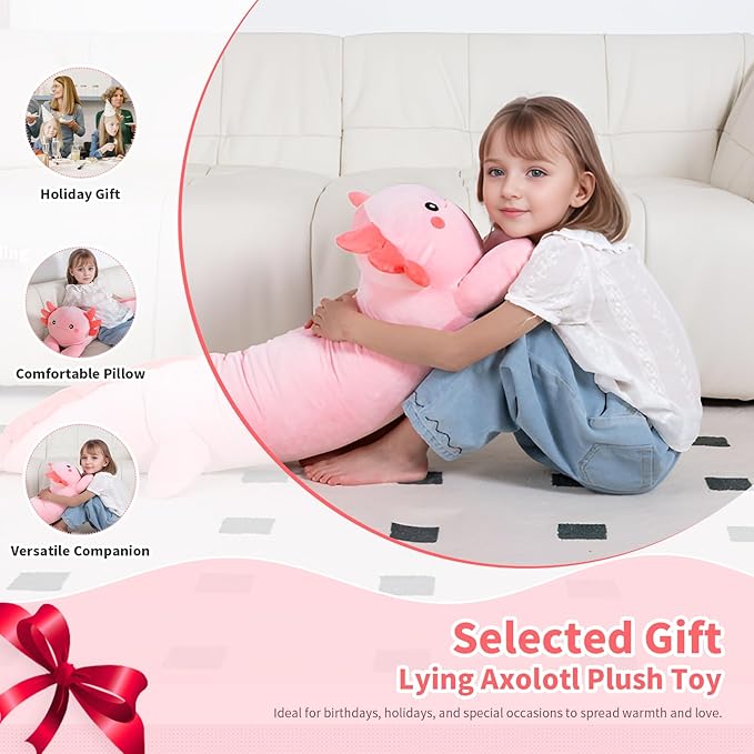 40'' Large Axolotl Plush Stuffed Animal, Axolotl Pink Long Pillow Toy, Giant Soft Stuffed Salamander Plushies Gift for Kids Boys Girls, Birthday