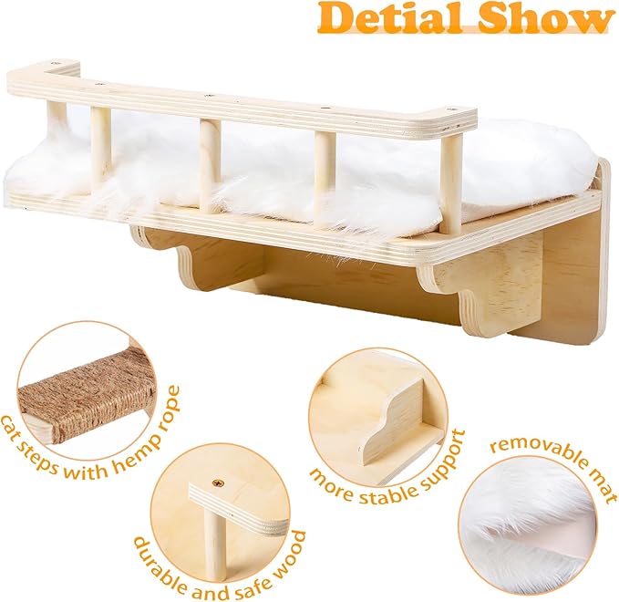 Cat Wall Shelf with 3 Cat Wall Steps,Cat Wall Shelves with Plush Coverd,Cat Climbing Shelf for Indoor Cat,Cat Wall Furniture Cat Shelf for Wall (Wood)
