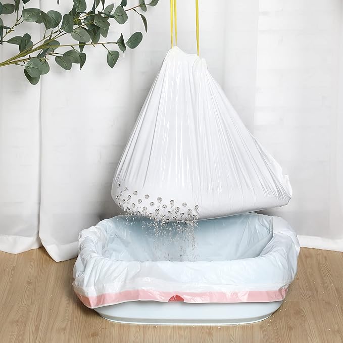 28 Count Large 31 x 18 Inch Sifting Cat Litter Bags Thick Cat Litter Box Liners with Holes Portable Thick Scratch Resistant Cat Litter Bags Drawstring Litter Box Liners for Pet Cat Litter Box Supplies