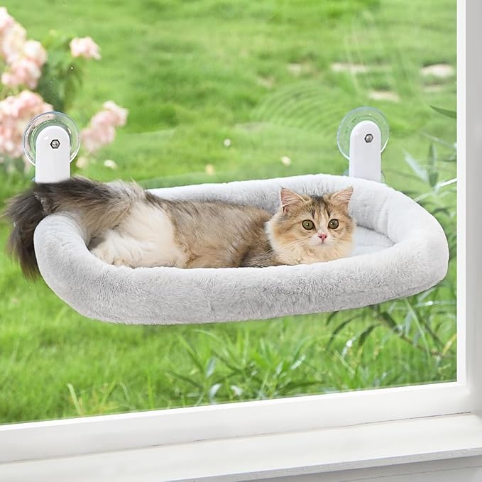 Cat Window Perch, Cordless Cat Hammock Window Seat with Cozy Pad Bed Cover for Indoor Cats, Durable Metal Frame Support Cat Bed with 4 Suction Cups for Large Cats (Cushion Pad Bed - Grey)