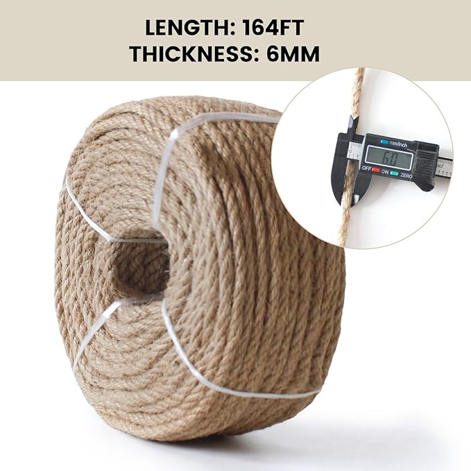 6mm 164 Feet Nature Jute Twine, Jute Rope for Cat Scratching Post DIY Arts Crafts Gardening Bundling Home Decor