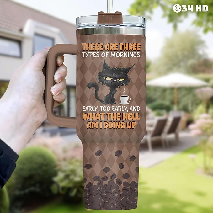 34HD Black Cat Tumbler with Handle & Straw, 40oz Vacuum Insulated Coffee Travel Mug, Black Cat Gifts for Men Women Birthday Halloween Christmas, Funny Gifts for Night Owls Coffee Lovers