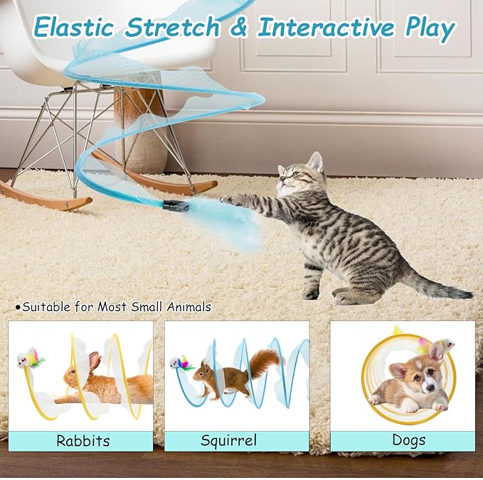 2 Packs Cats Tunnel Toys, Folded Cats Tunnels for Indoor Cats Tubes Played Tunnel Spring, Collapsible Pet Bed, Interactive Toy with Toys Feather Mouse for Kitten Yellow, Blue