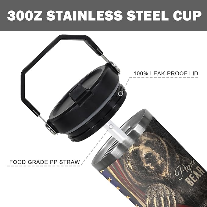 30 Oz Papa Bear Tumbler with Handle and Straw, 30 Oz Leak Proof Insulated Papa Bear Mug, Double Wall Stainless Steel Papa Bear Cup, Papa Bear Gifts for Dad and Papa Bear Fathers Day Gift