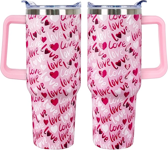 40 Oz Valentines Day Tumbler 3d-Printed Pink Love Tumbler Gifts for Couple Women Men Insulated Travel Cup with Handle Lid and Straw
