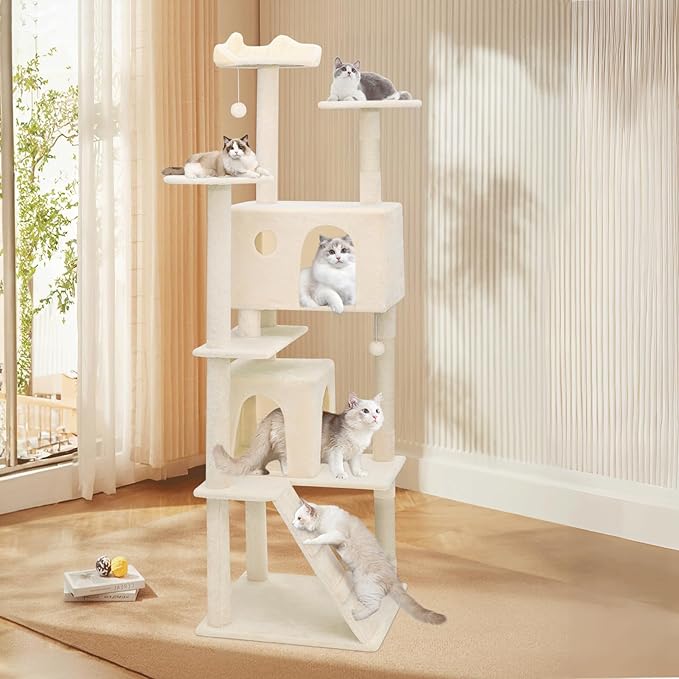 MoNiBloom Cat Tree, 77 Inch Cat Tree Tower with 2 Condo, Tall Cat Tower with Scratching Post, Cat Climbing Tower, Cat Tree for Indoor Cats, Beige