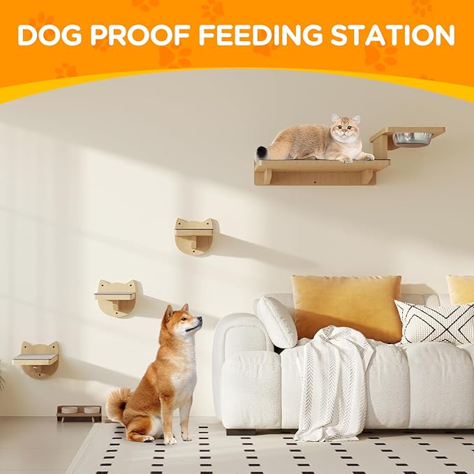 MeowHomm Cat Wall Shelves, Wood Cat Wall Furniture with 3 Cat Wall Steps, Cat Feeding Shelf with 2 Cat Food Bowls, Wooden Cat Bed Furniture Wall Mounted