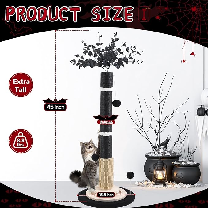 Scratching Posts for Indoor Cats Adults,45'' Tall Gothic Scratching Post with 3.5Inch Diameter Sisal Rope,Cat Scratcher with Interactive Ball Toys Self Groomer Brush for Large Cats
