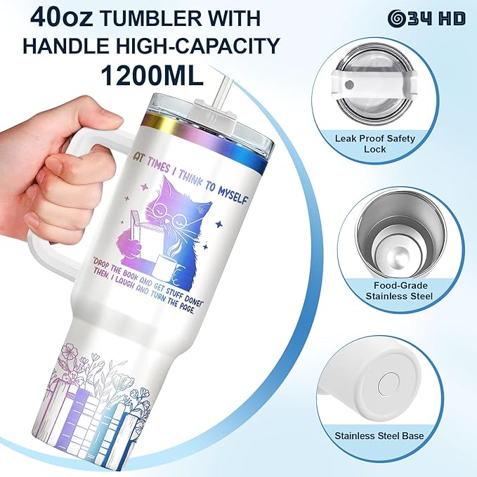 34HD Engraved Cat Mom Tumbler with Handle and Straw, 40oz Cute Gradient Book Cup Stainless Steel, Bookworm Coffee Mug, Cat and Book Birthday Gifts for Women Men Friends