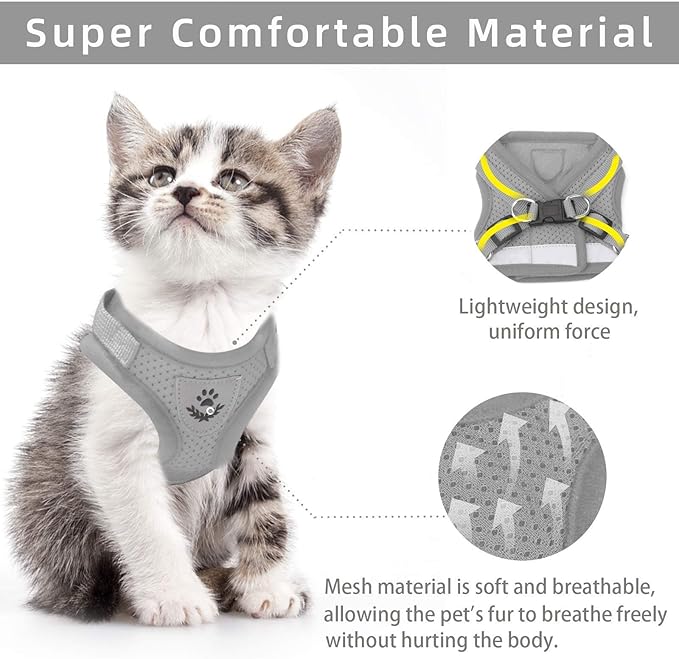 Cat Vest Harness and Small Dog Vest Harness for Walking, All Weather Mesh Harness, Cat Vest Harness with Reflective Strap, Step in Adjustable Harness for Small Cats (Gray, S)