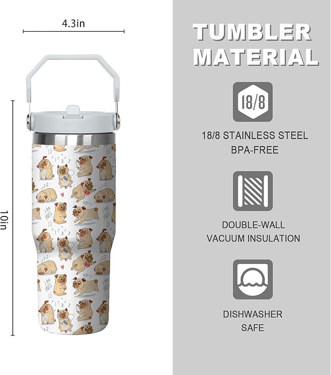 30 Oz Dog Tumbler with Handle and Straw, Insulated Dog Mugs for Dog Lovers, Double Wall Stainless Steel Pug Coffee Cup, Dog Dad Mug or Dog Mom Tumbler Pug Gifts for Women and Men