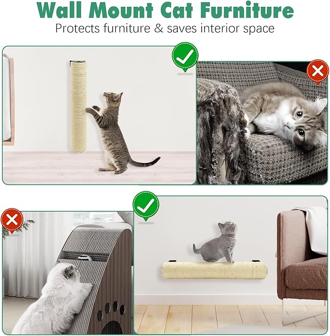 Wall Mounted Scratching Post for Cats 16 Inches Sisal Rope Cat Wall Scratcher Posts 2 Pack of Wall Mount Cat Furniture for Indoor Kittty to Scratch and Climbing with Feather Toys