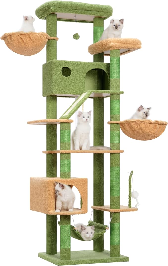 Cactus Cat Tree for Large Cats, 78.7"(200cm) Tall Cat Tower for Indoor Cats Multiple Cats with Large Top Perch, Cat Condo, Cat Hammcok, Cat Scratching Post,Green and Yellow GCT031GY