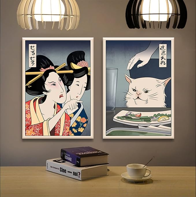 2pcs Funny Cute Canvas Painting Japanese Woman Yelling at Cat Eating Food Poster Print Vintage Wall Art Meme Picture Dining Room Kitchen Ready to Hang 12x16 Inches…