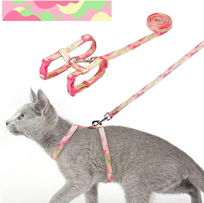 azuza Cat Harness and Leash Set for Safe Walking and Travel, Escape Proof Cat Harness, Lightweight Soft and Comfortable, Adjustable Kitten Harness for Small Medium Large Cats, Pink Camo