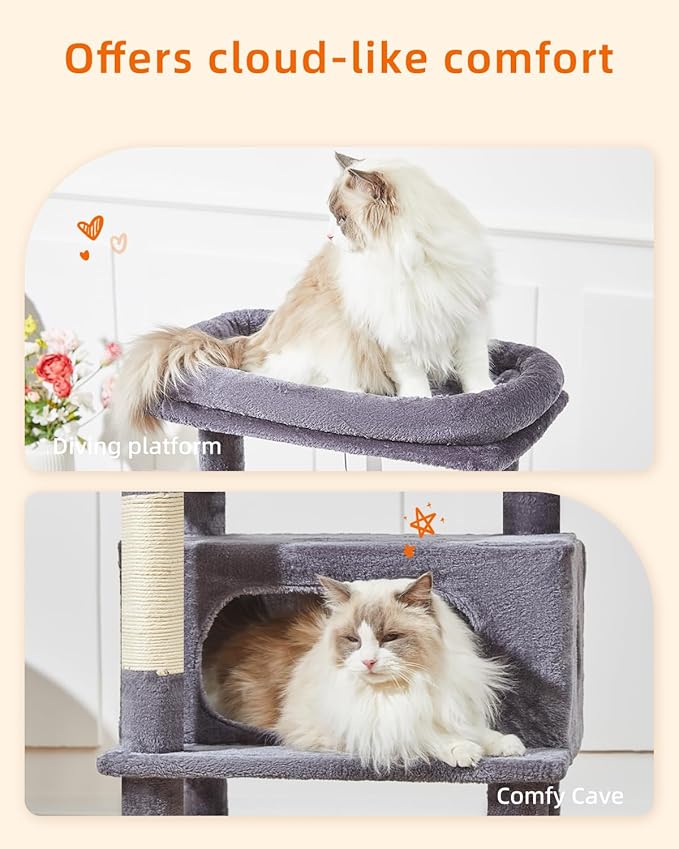 Taoqimiao Cat Tree,48.8-Inch Cat Tower for Indoor Cats,2 Luxurious cat condo with Adjustable Large Hanging Baskets and Large Luxurious Perch Smoky Gray MS029LG