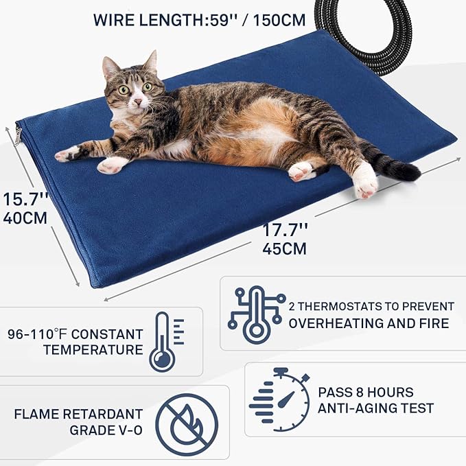 Pet Heating Pad for Cats Dogs,Cat Heating Pad Mat Constant Temperature Pet Cat heated Pad Mat Waterproof with Chew Resistant Cord,Indoor Heated Cat Bed Pet Blanket Cat Warmer Pad with Fleece Cover