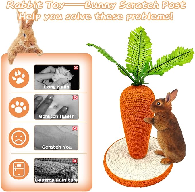 BNOSDM Rabbit Scratch Toy, Sisal Bunny Scratcher Cute Carrot Scratching Post for Indoor Rabbits Kittens Ferrets Chinchillas Small Animals