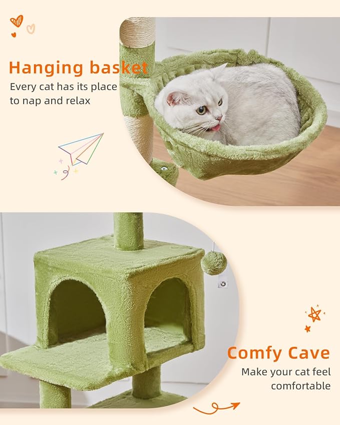 Taoqimiao Cat Tree,48.8-Inch Cat Tower for Indoor Cats,2 Luxurious cat condo with Adjustable Large Hanging Baskets and Large Luxurious Perch Green MS029LGR