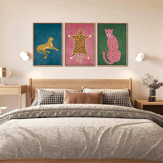 Ausril Cheetah Animals Framed Canvas Wall Art Set, Leopard Preppy Room Wall Decor, Modern Boho Cats Wall Painting, Pink Dot Cartoon Art Print for Living Room Bedroom Dinning Room Office 16"x24"x3