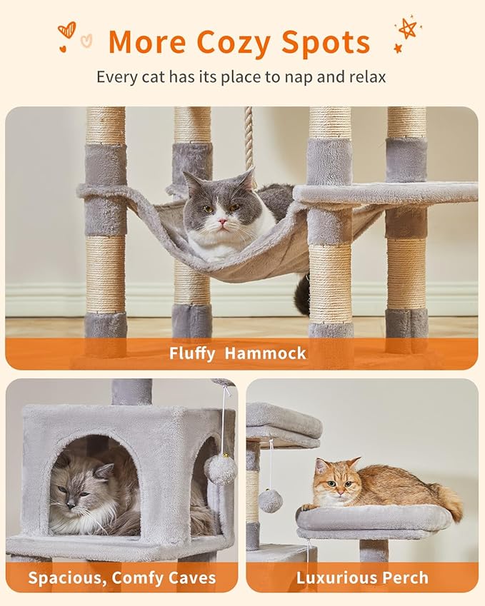 Taoqimiao 66-Inch Cat Tree Cat Tower for Indoor Cats, Plush Multi-Level Cat Condo with 12 Scratching Posts, 2 Perches, 2 Caves, Hammock, 2 Pompoms MS013W Light Gray