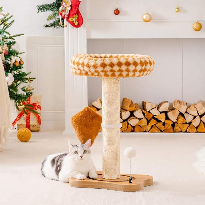 Mewoo Cat Scratching Post with Bed, Cat Tower with Cat Scratcher Post, Small Cat Tree for Indoor Cats, Sisal Cat Scratcher with Removable Cat Perch, Cat Ball Track and Kittens Toys (Brown, Medium)