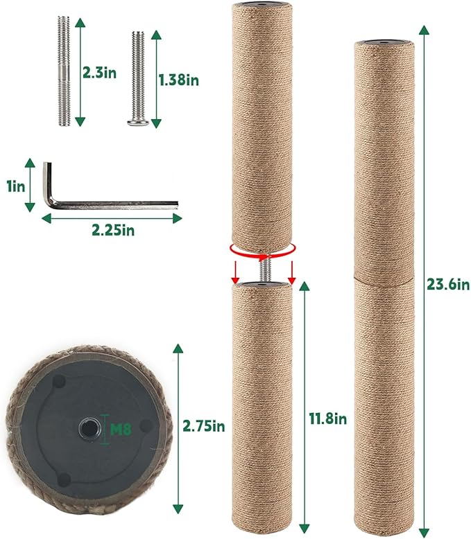 BNOSDM 4 Pcs 11.8”x2.75” M8 Replacement Scratching Post for Cat Tree Tower Rope Scratch Poles Refill Sisal Pole Part for Refurbishment Hemp Grey