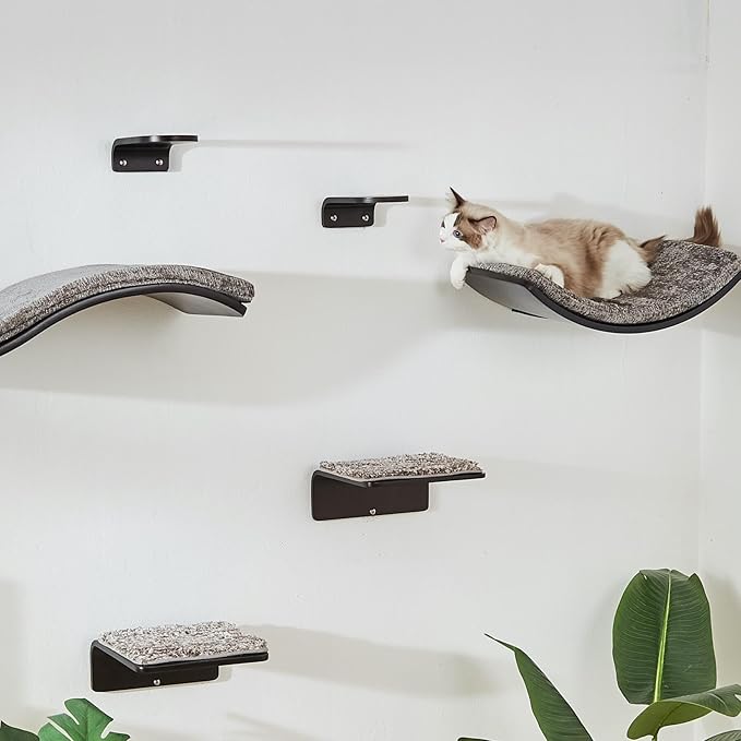 Cat Shelf with Comfortable Cat Cushion - Curved Modern Cat Bed (Large Size) - Lotus Leaf Design Cat Wall Perch - Wall Mounted Cat Furniture for Sleeping, Playing, Climbing, and Lounging, Walnut