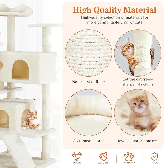 Sweetcrispy 54-Inch Cat Tree Tower – Multi-Level Cat Tower with Sisal Scratching Post, Perfect Cat Gift, Indoor Cat Tree with Condo, Climbing Ladder, Plush Toy, and More Cat Stuff，Beige