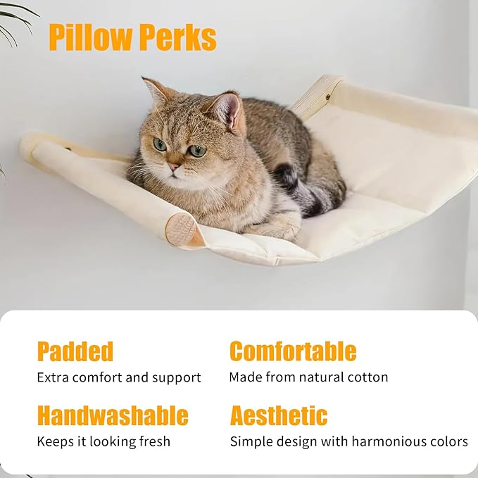 Cat Wall Hammock with Two Steps, Wall Mounted Cat Funiture with Stable Shelves and Perches for Sleeping, Playing, Climbing and Lounging, Wall Mounted Cat Bed for Large Cats