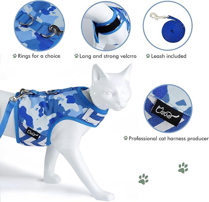 Cat Harness and Leash for Walking Escape Proof, Adjustable Cat Vest Harness, Padded Stylish Cat Walking Jackets, Blue Camo, X-Small