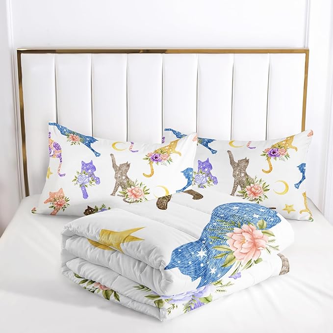 AILONEN Floral Cat Comforter Set Queen Size, 3-Piece Kids Soft Microfiber Kitted Bedding Set,Modern Shabby Chic Colorful Cat Comforter with 2 Pillowcases,Machine Washable