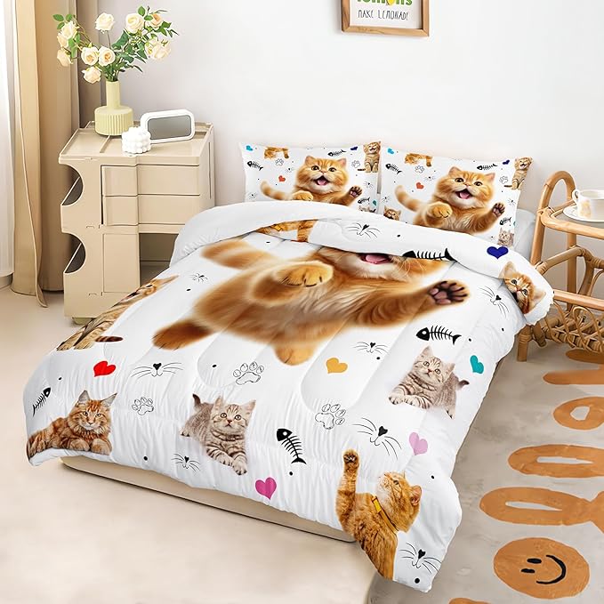 AILONEN Kids Kitten Cat Comforter Set Twin Size,Kawaii Cat Bedding for Girls,Cute Pet Animal Cat Duvet Set 3 Piece,1 Comforter with 2 Pillowcases,Cartoon