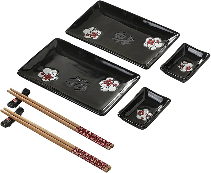 8 pcs Japanese Sushi Plate Sets Serving Platters and Trays for Entertaining Sushi Dishes Set Plates Sushi Plates Traditional Cuisine Dinnerware Sets with Chopsticks Black Plum