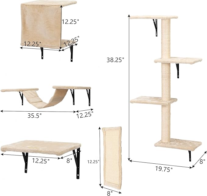 COZIWOW Cat Wall Shelves, Wall-Mounted Cat Climber Set of 5, Floating Cat Perches, Hanging Cat Beds, Modern Cat Furniture for Large Cats or Kitty (Beige)