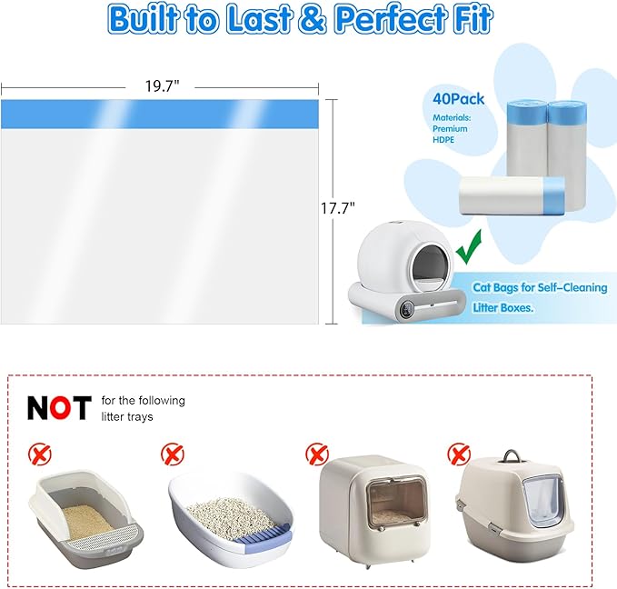 60 Count Self Cleaning Cat Litter Box Liners Bag Fit For MeoWant MW-SC01,MW-SC02, Drawstring Heavy Duty Cat Litter Receptacles Bags Compatible with Automatic Cat Litter Box-17.7" x 19.68"